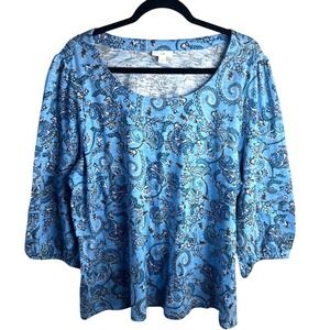 J.Jill Blue Paisley Puff Sleeve Top Blouse Size XL 3/4 Sleeves Scoop‎ Neck